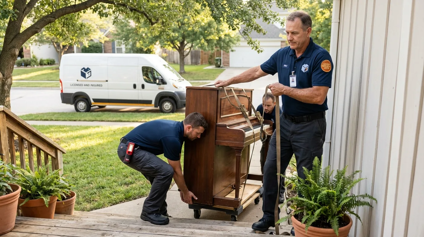 Licensed piano movers securing grand piano in Montrose, NY