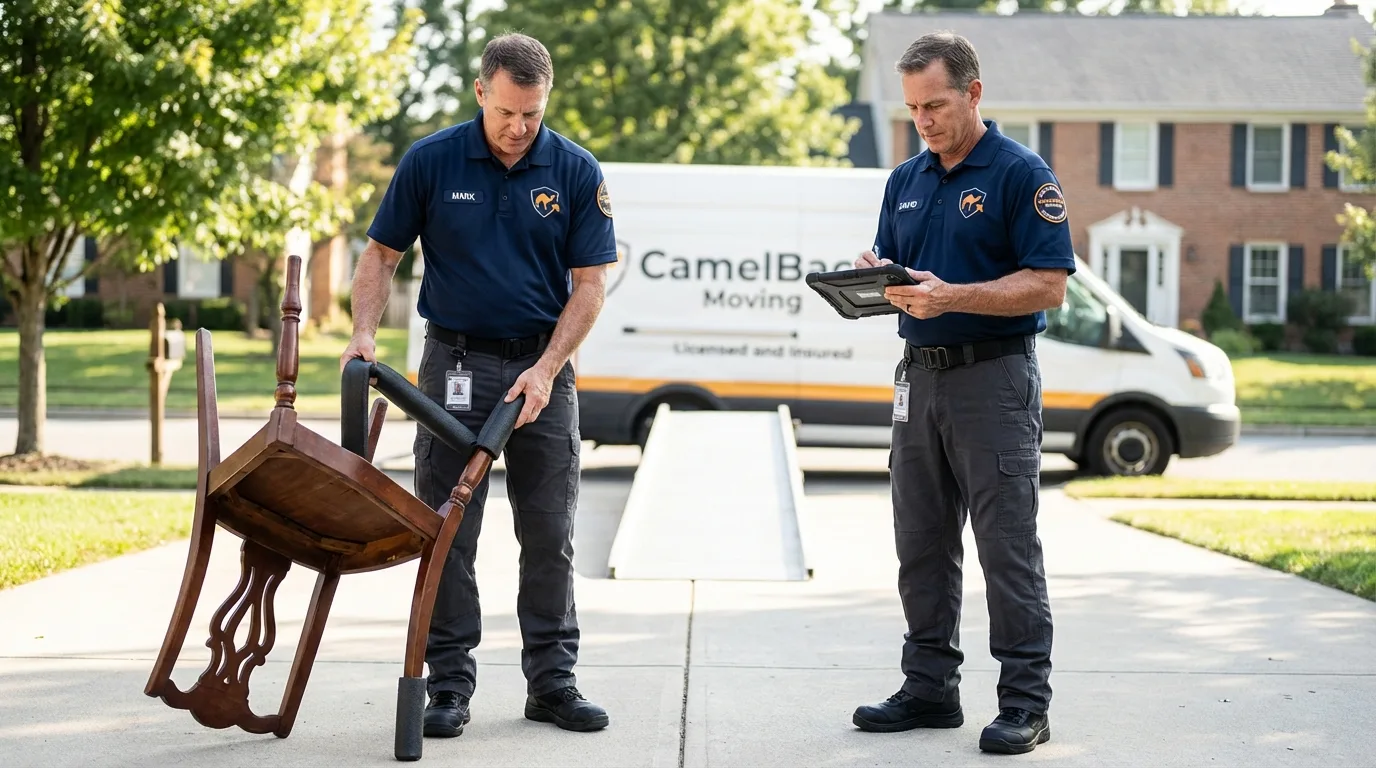 Movers inspecting furniture for damage prevention before loading in Montrose, NY