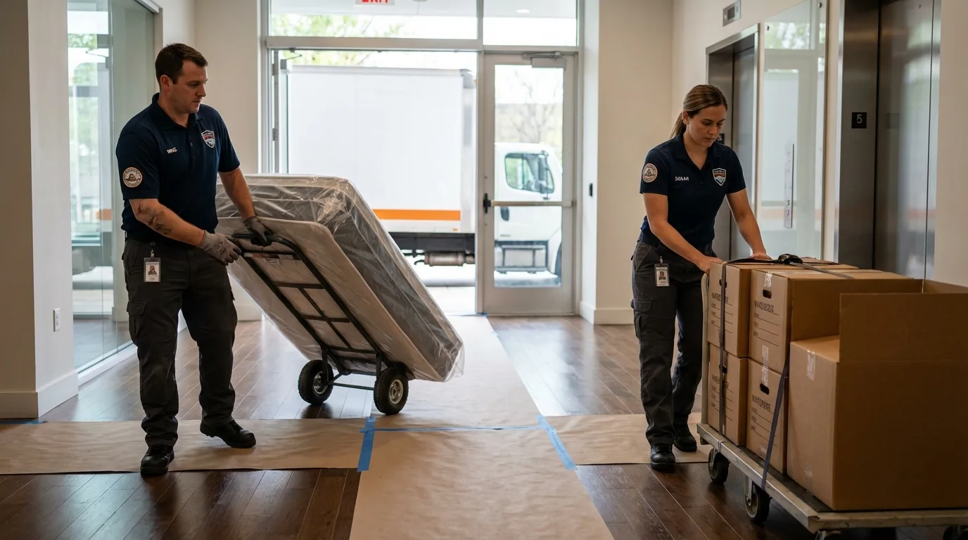 Professional apartment movers loading elevator in Montrose, NY