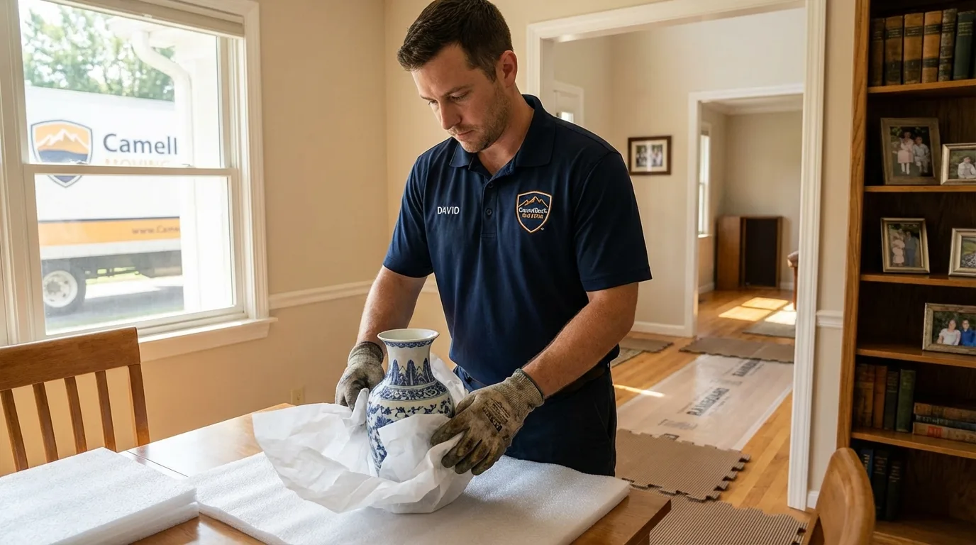 Professional crew carefully wrapping antique vase for senior downsizing move in Montrose, NY