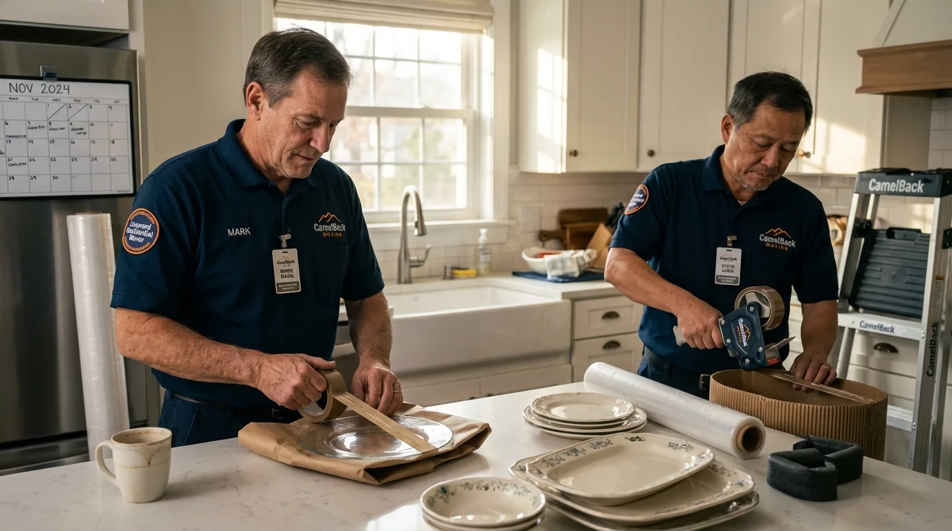 Professional crew packing kitchen dishware in Montrose, NY